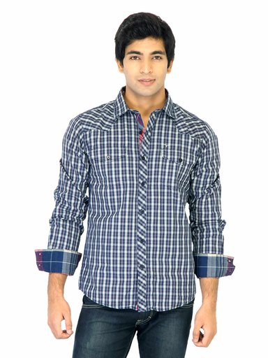 Flying Machine Men Check Blue Shirts