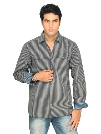 s.Oliver Men Striped Dark Grey Shirt