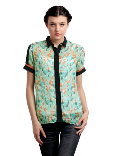 Femella Women Sea Green Printed Top