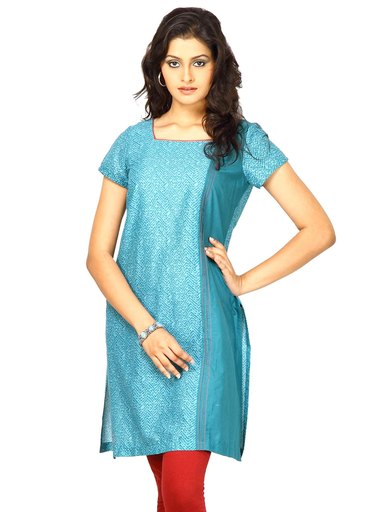 W Women Sqaure Neck Short Sleeve Blue Kurta
