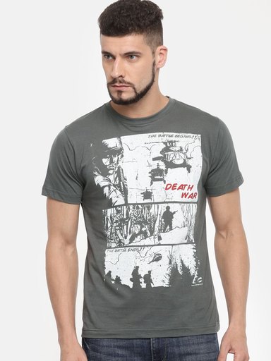 Inkfruit Men Charcoal Grey Printed Round Neck T-shirt