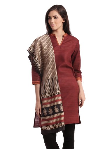 Fabindia Women Silk Mulberry Printed Beige Stole