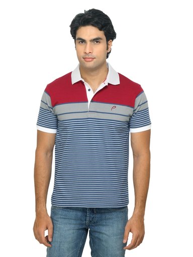 Proline Men Striped Red & Blue Polo T-shirt