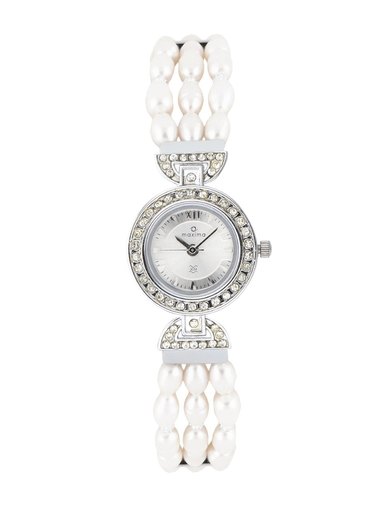 Maxima Women Silver Dial Pearl Strap Watch