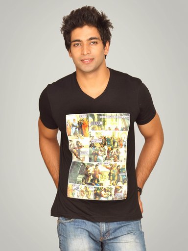UCB Men's VNeck Shiny Print Patch Black T-shirt