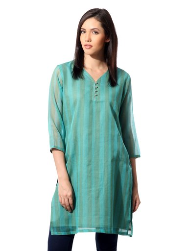 Fabindia Women Striped Green Kurta