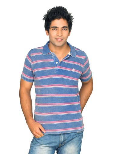 UCB Men's Polo Neck Striper Heavy Wash Blue Pink T-shirt